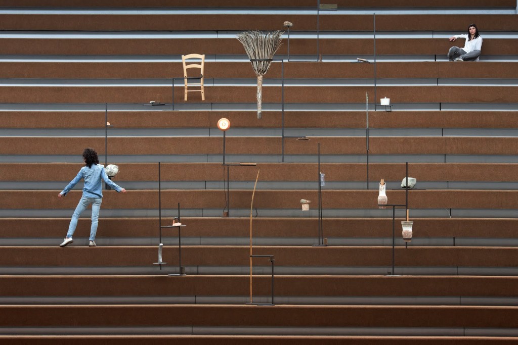 (41) The Main Court - Exhibition view. Phanos Kyriacou. Eleven hosts, twenty-one guests, nine ghosts, 2013. Installation. Maria Hassabi. Intermission, 2013. Live installation